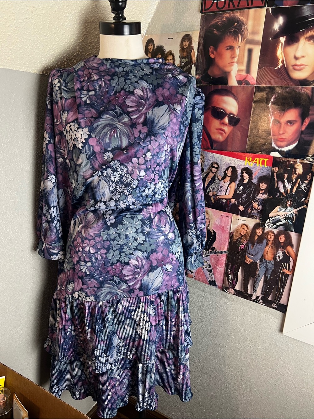 Floral Long-Sleeve Midi Dress in Purple and Blue